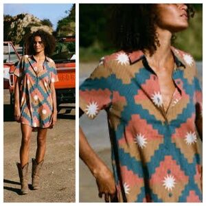 ROARK Bless Up Women’s L Tan Shirt Dress Swim Coverup Southwestern Boho Casual